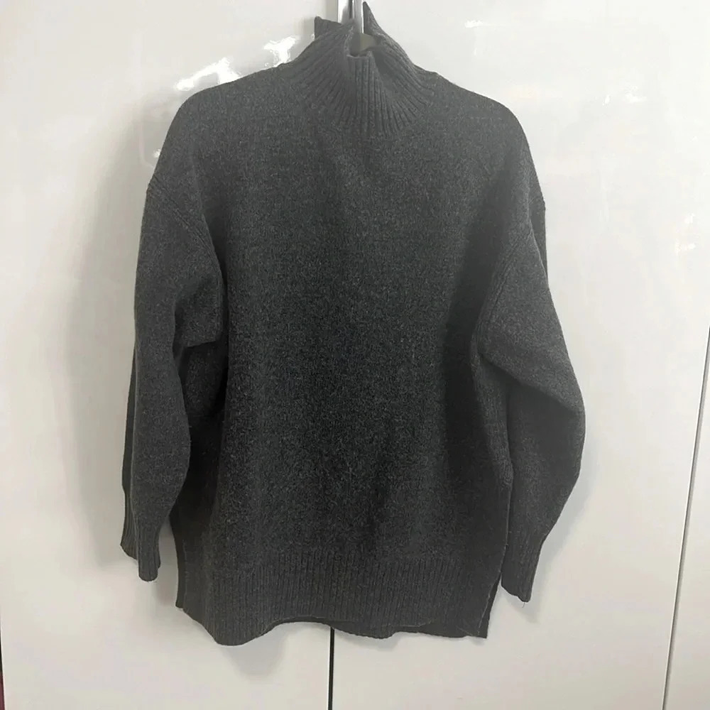 H&M Grey Wool Blend Sweater Oversized Mock Neck Long, Size L - Picture 3 of 9